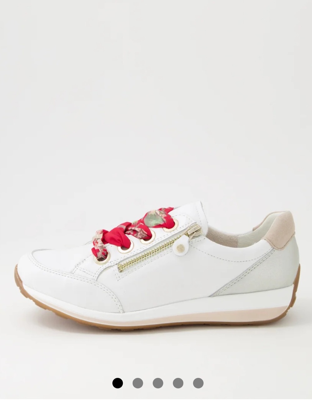Ara White Leather Sneaker with Gold Zipper and Red Lace Accents